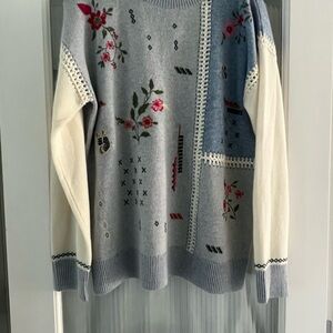 Floral Patchwork Sweater - Gray, Blue, and Cream